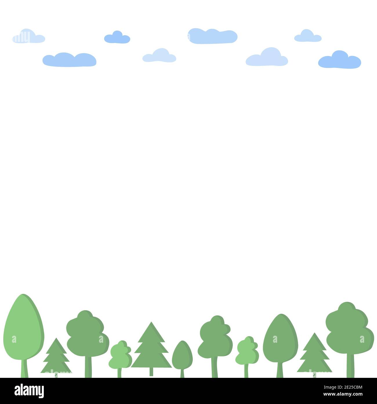 Illustration d'une ligne isolée d'arbres et de nuages avec place pour le texte au milieu. Arrière-plan avec rangée d'arbres et ciel. Banque D'Images