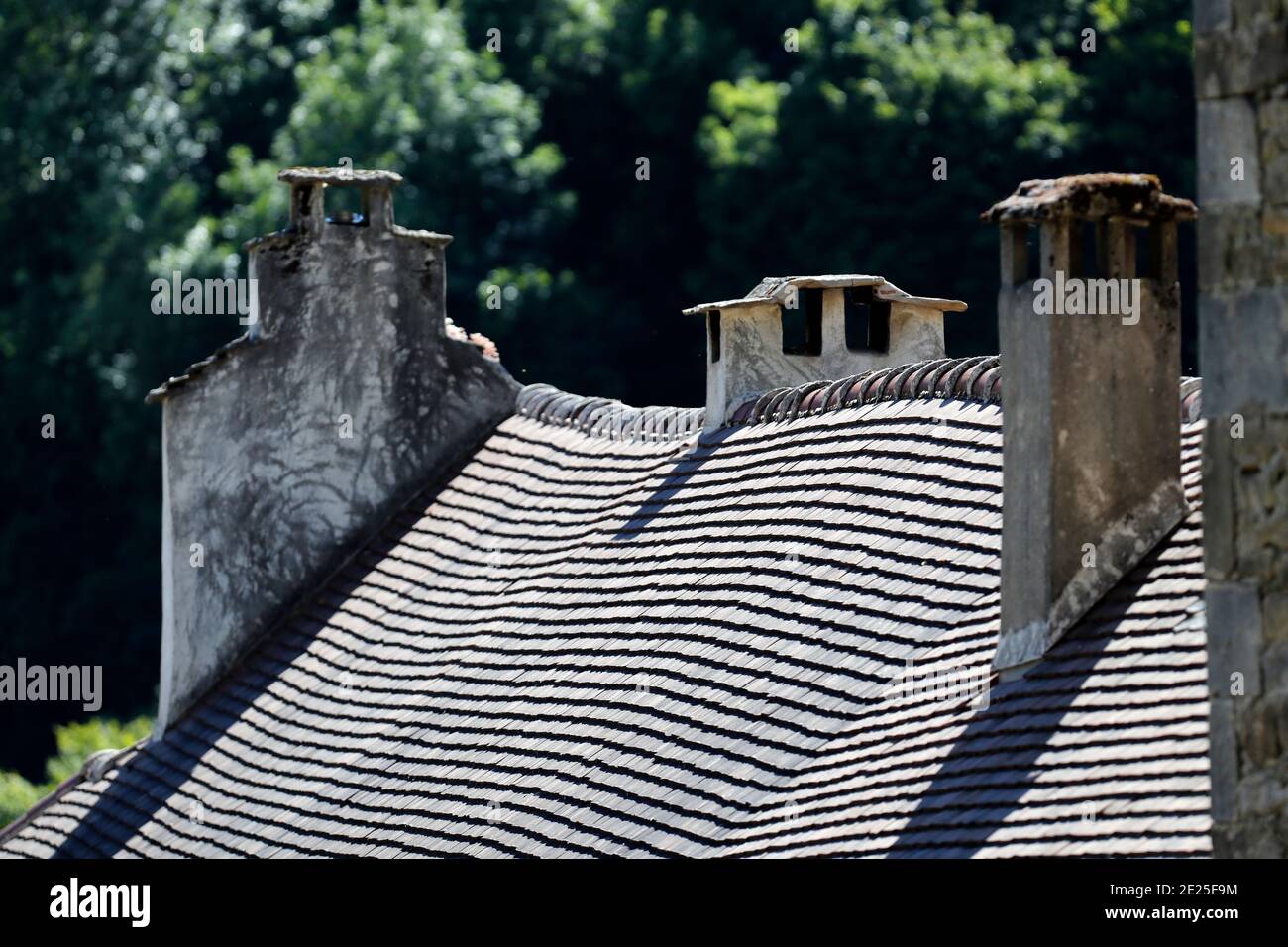 Ancien toit en tuiles d'argile. Village de Beaume les Messieurs. France. Banque D'Images