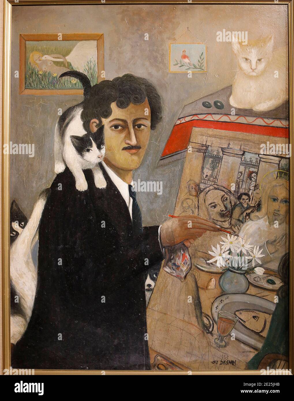Ferdinand Desnos, autoportrait avec chats, 1953, huile sur carton. Paris, France. Cette œuvre d'art n'est pas encore dans le domaine public, les droits doivent être Banque D'Images