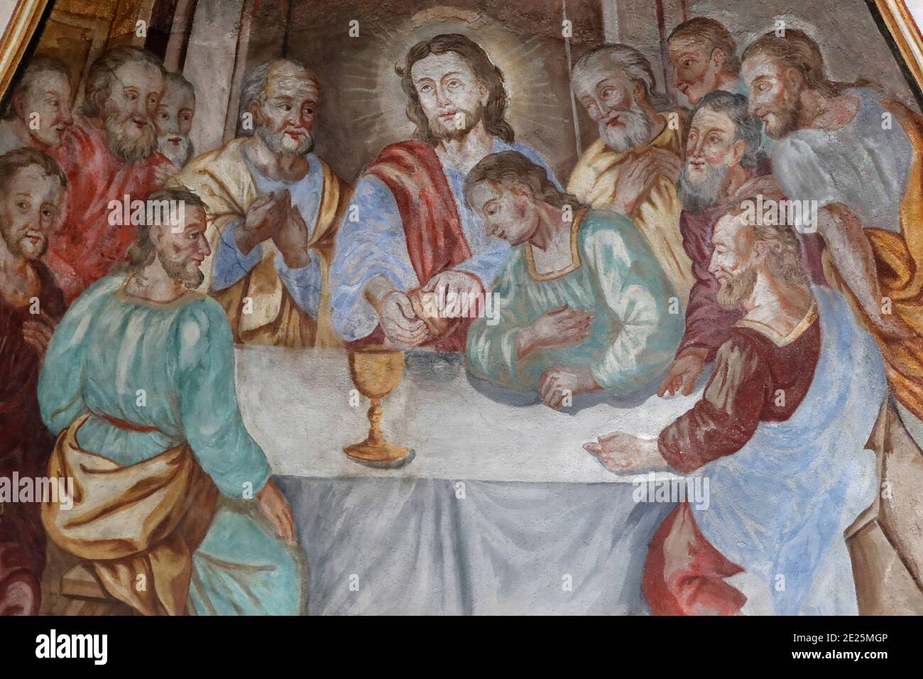 Église notre Dame de l'Assomption de cordon. Fresque. La dernière Cène. Le dernier repas que Jésus a partagé avec ses Apôtres à Jérusalem avant son cru Banque D'Images