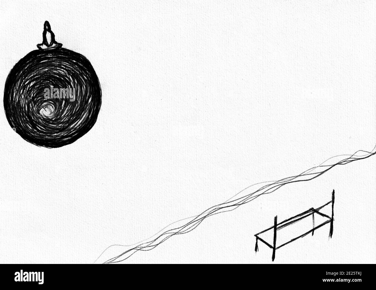 Cape Town Afrique du Sud - 13-08-2019 Illustration de style encre. Homme sur lune abstraite. Banc inoccupé au sol. Banque D'Images