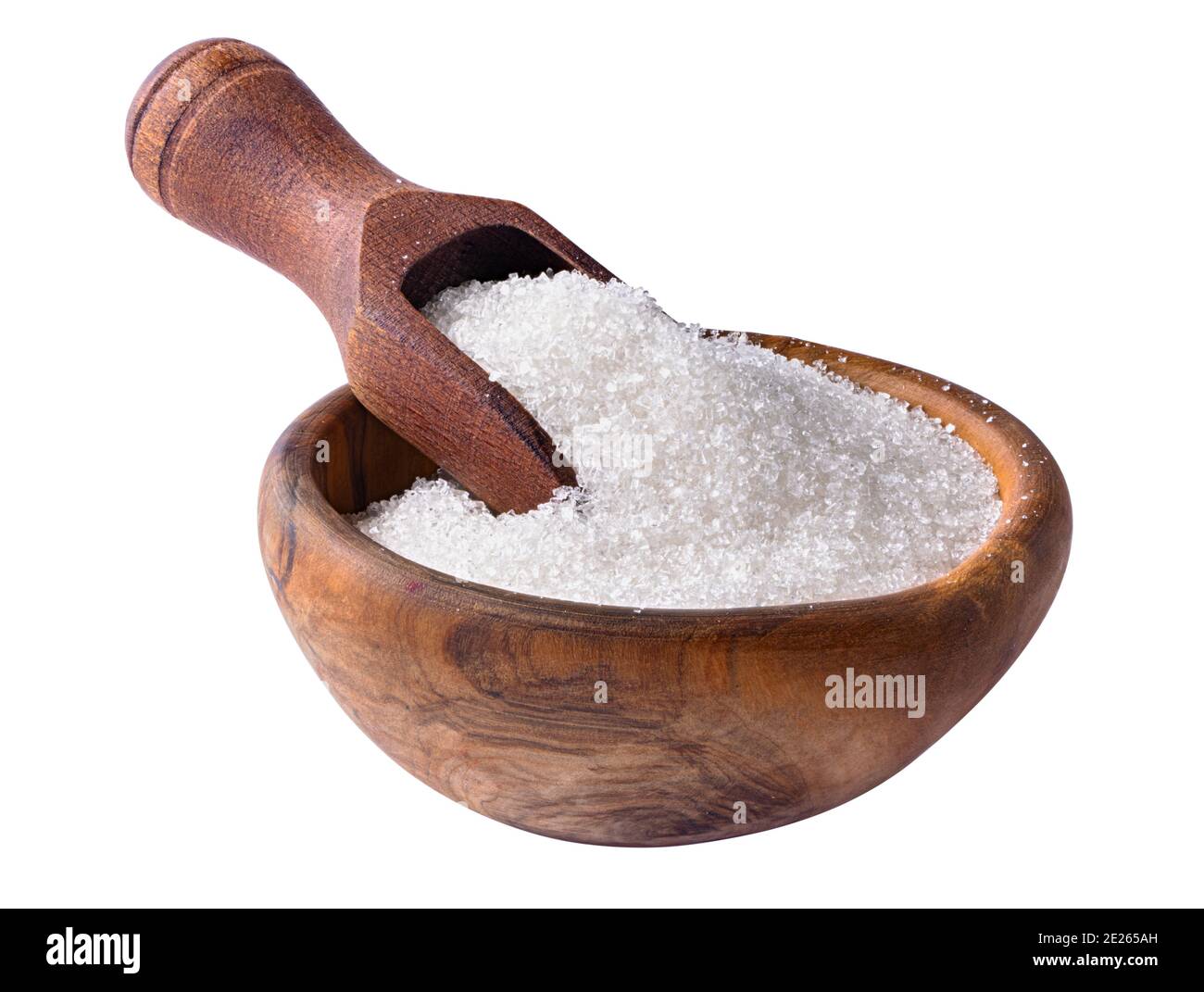 Sucre blanc avec cuillère dans un bol isolé sur blanc Banque D'Images