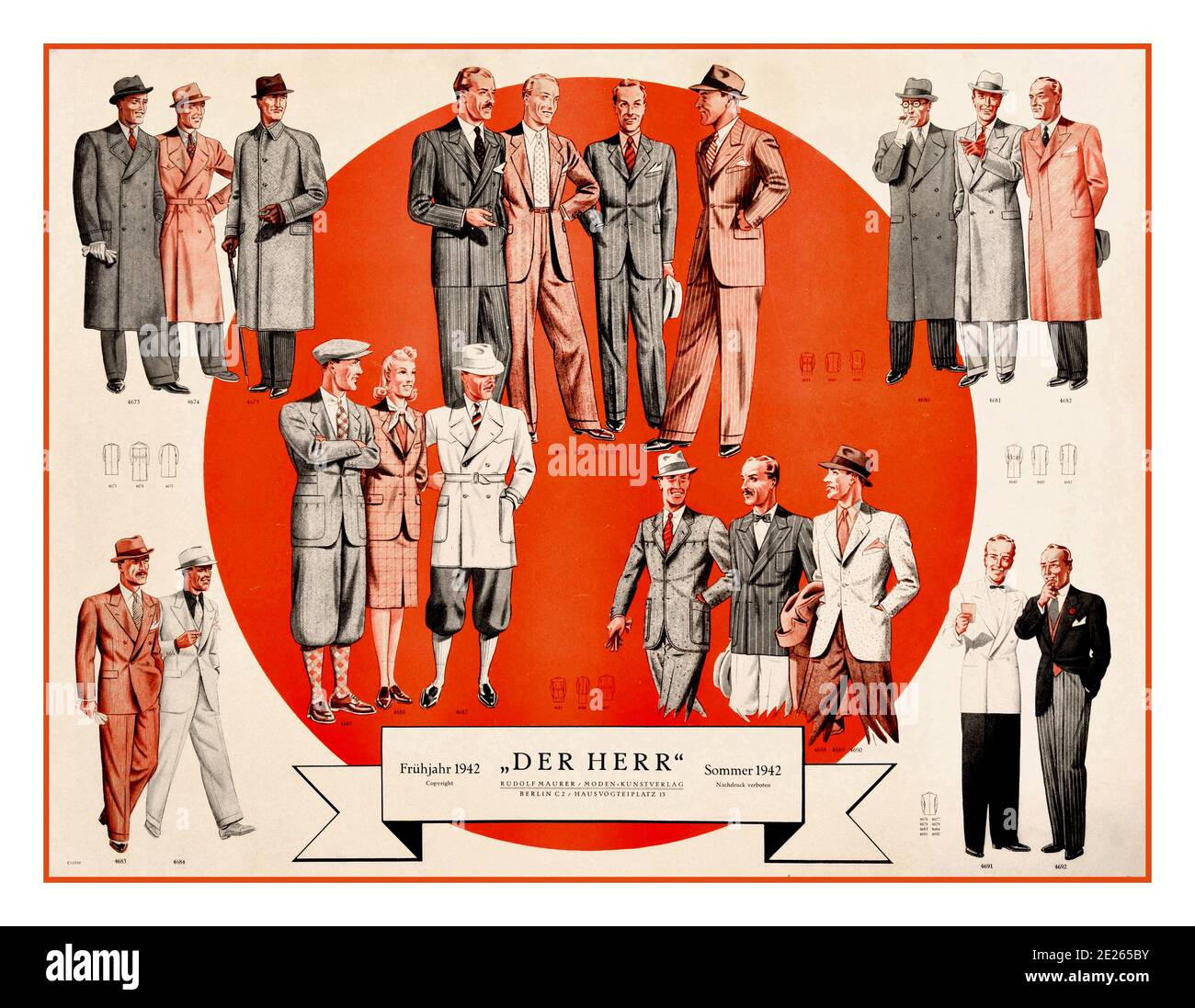 Mode hommes des années 1940 'DERR HERR' Allemagne affiche publicitaire de  vêtements d'époque pour hommes publiée en Allemagne nazie pendant la  Seconde Guerre mondiale. L'affiche illustre les derniers modèles de mode  hommes