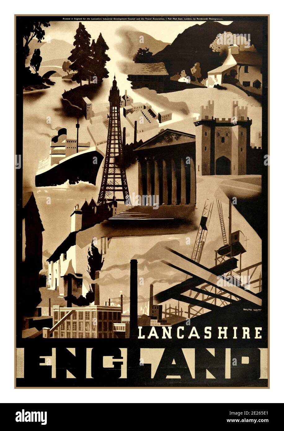 Affiche publicitaire de voyage vintage des années 1930 pour Lancashire, Angleterre. Le design art déco de Ralph Motts est composé d'un collage de monuments et de paysages du Lancashire avec une bordure noire et des lettres stylisées. Royaume-Uni, designer: Ralph Mott, année de l'impression: Années 1930 Banque D'Images