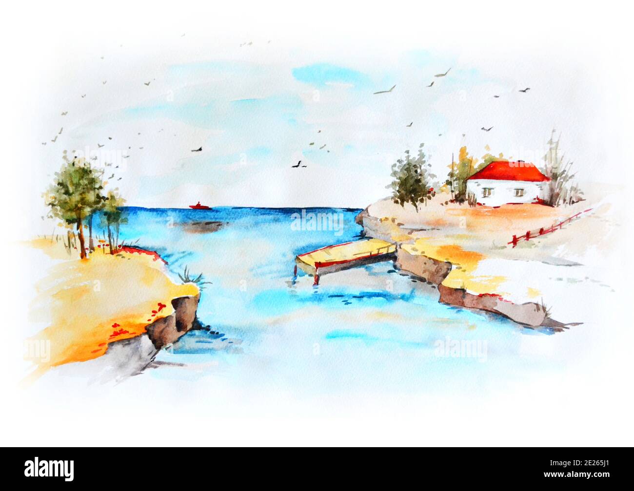 Paysage marin. Mise en plan aquarelle Banque D'Images