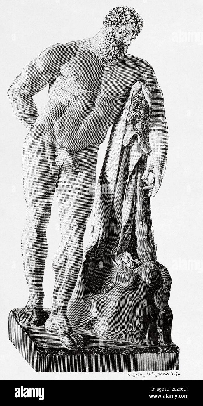 Heracles, héros de la mythologie grecque. Il était le fils de Zeus et d'Alcmena. Il a reçu le nom d'Alceo ou d'Alcides à la naissance, en l'honneur de son grand-père Alceo. À Rome et en Europe de l'Ouest, c'est comme Hercules. Grèce Histoire ancienne. Ancienne illustration de la gravure du livre Universal History de Oscar Jager 1890 Banque D'Images