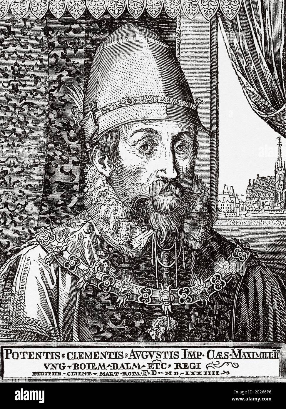 Portrait de Maximilian II (Vienne, 31 juillet 1527 - Ratisbonne, 12 octobre 1576), élu empereur du Saint Empire romain, roi de Hongrie entre 1564 et 1576, roi de Bohême entre 1564 et 1576. Histoire de Philippe II d'Espagne. Ancienne gravure publiée dans Historia de Felipe II par H. Forneron, en 1884 Banque D'Images