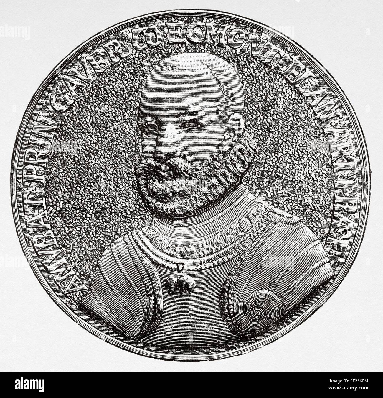 Portrait Medal Seal of Lamoral, comte d'Egmont (18 novembre 1522 - 5 juin 1568). Prince de Gavere, 1522 - 1568, Ritter et gouverneur de Flandre et d'Artois, général et Flander Stateman et chevalier de l'ordre de la Toison d'or. Histoire de Philippe II d'Espagne. Ancienne gravure publiée dans Historia de Felipe II par H. Forneron, en 1884 Banque D'Images