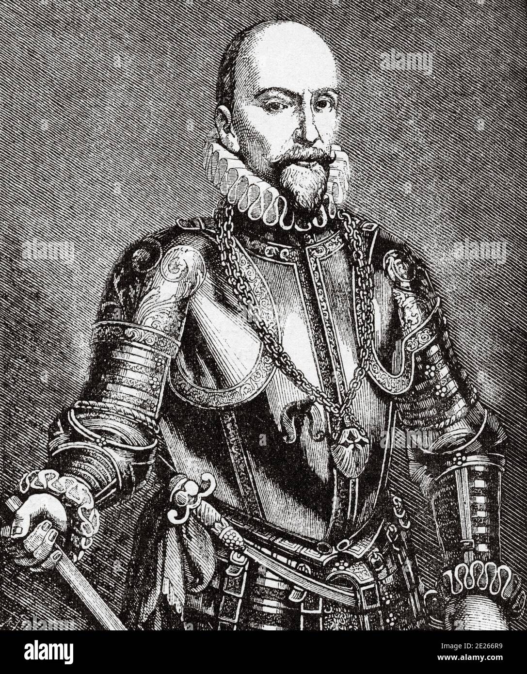 Portrait d'Álvaro de Bazán y Guzmán (Grenade, Espagne; 12 décembre 1526 - Lisbonne, Portugal; 9 février 1588), I marquis de Santa Cruz, Grand d'Espagne, II seigneur des villages de Viso et Valdepeñas, commandant principal de León et de Villamayor, Alhambra et la Solana dans l'ordre de Santiago; membre du Conseil de sa Majesté Felipe II, capitaine général de la mer d'océan et le peuple de guerre du Royaume du Portugal, était un amiral militaire et espagnol du XVIe siècle célèbre pour l'utilisation des galléons de guerre, pour l'utilisation de l'infanterie pour la première fois marine pour effectuer des opérations amphibies an Banque D'Images