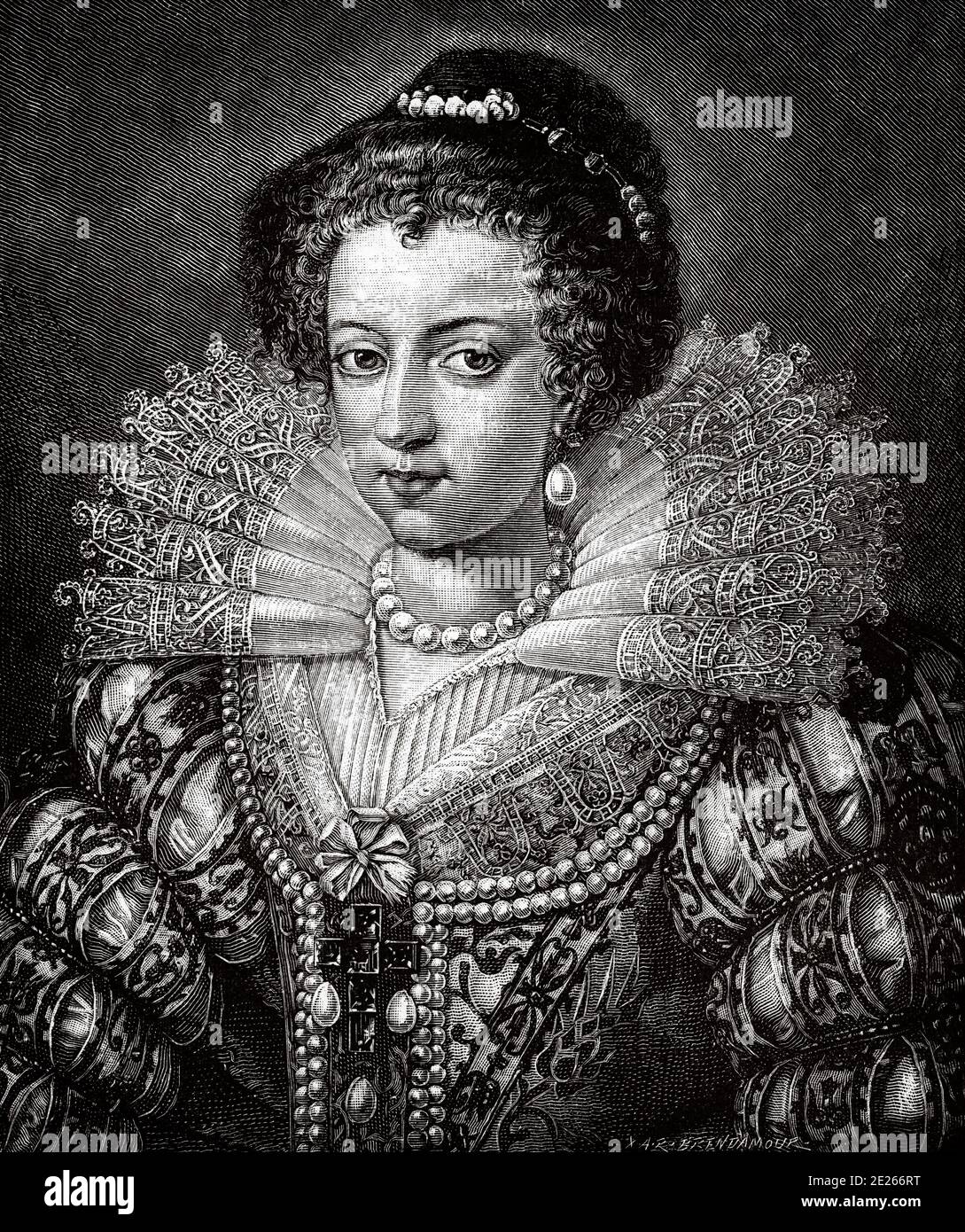 Isabella d'Autriche. Portrait Elisabeth d'Autriche (Vienne, Autriche, 5 juillet 1554 - 22 janvier 1592) est une archiduchesse d'Autriche, fille du Saint empereur romain Maximilien II de Habsbourg et Marie d'Autriche et du Portugal, Infanta d'Espagne. Elle était une princesse catholique, considérée comme l'une des plus belles femmes de son temps. Histoire de Philippe II d'Espagne. Ancienne gravure publiée dans Historia de Felipe II par H. Forneron, en 1884 Banque D'Images