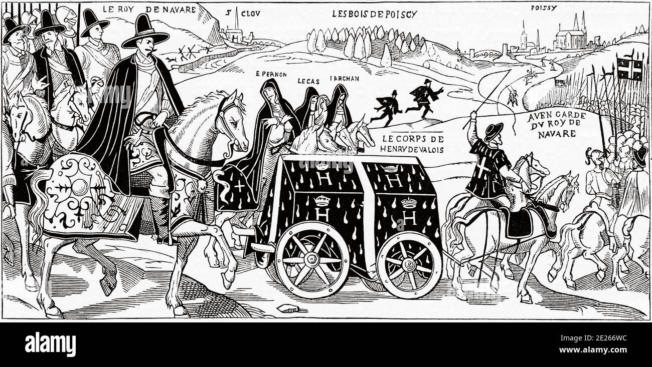 Henry III corps conduisant de Paris à Poissy. Histoire de Philippe II d'Espagne. Ancienne gravure publiée dans Historia de Felipe II par H. Forneron, en 1884 Banque D'Images