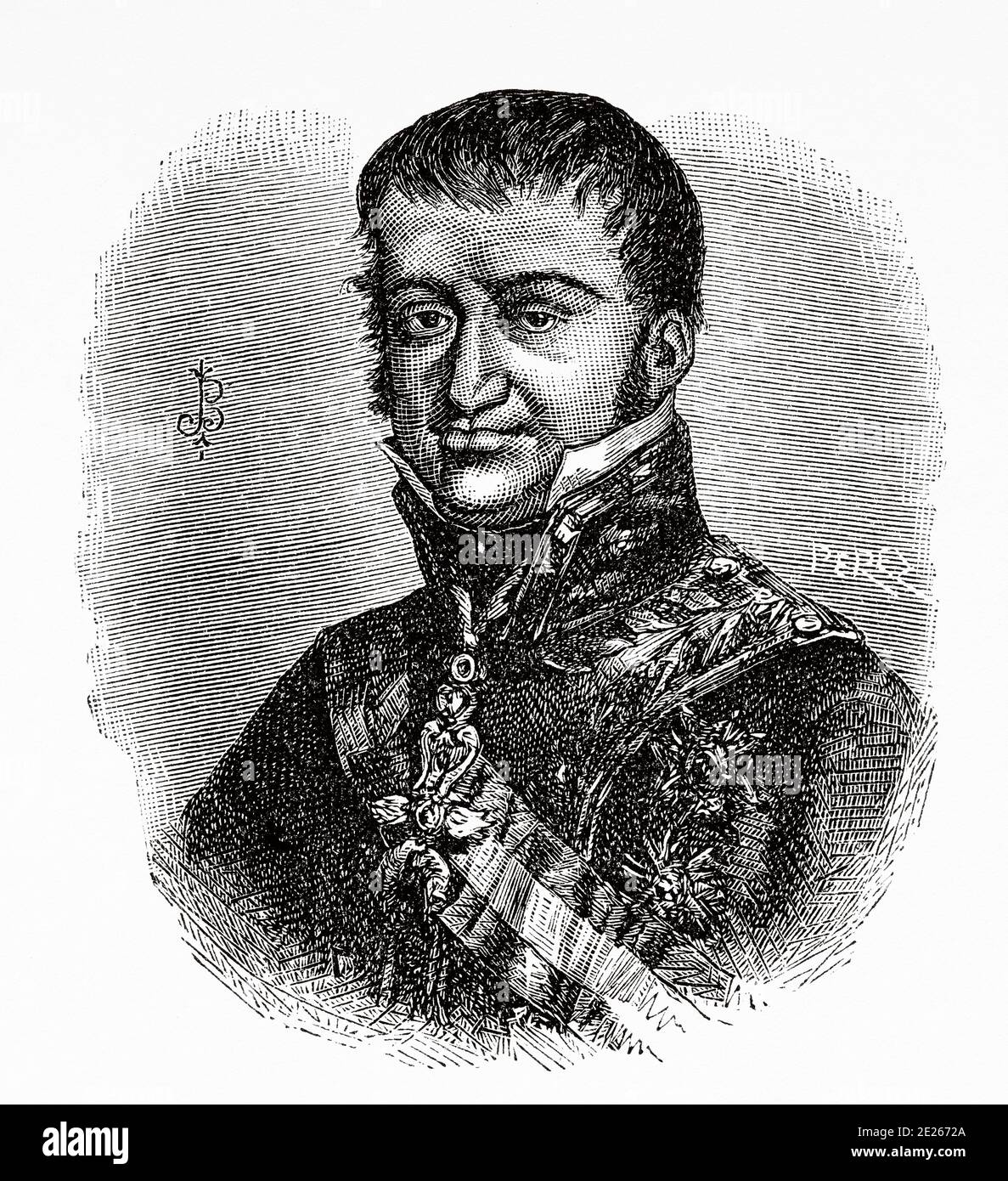 Portrait de Ferdinand VII d'Espagne, appelé le désiré ou roi Felon (San Lorenzo de El Escorial 1784 - Madrid 1833). Roi d'Espagne. Fils et successeur de Carlos IV et María Luisa de Parme. Ancienne gravure du livre Spanish Biographical Year par Ildefonso Fernandez 1899 Banque D'Images Portrait de Ferdinand VII d'Espagne, appelé le désiré ou roi Felon (San Lorenzo de El Escorial 1784 - Madrid 1833). Roi d'Espagne. Fils et successeur de Carlos IV et María Luisa de Parme. Ancienne gravure du livre Spanish Biographical Year par Ildefonso Fernandez 1899 Banque D'Images
