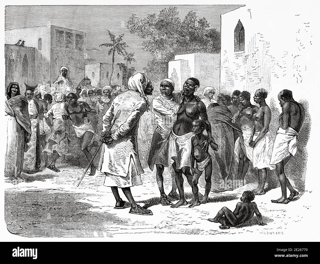 Le marché des esclaves à Zanzibar, en Tanzanie, en Afrique de l'est. Les derniers journaux de David Livingstone missionnaire et explorateur écossais, 1866-1873. Ancienne gravure El Mundo en la Mano 1878 Banque D'Images
