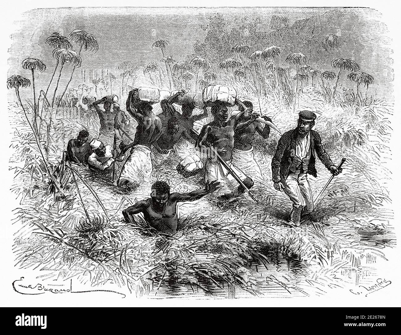 Passage à gué dans la Tchisera ford. Les derniers journaux de David Livingstone missionnaire et explorateur écossais, 1866-1873. Ancienne gravure El Mundo en la Mano 1878 Banque D'Images