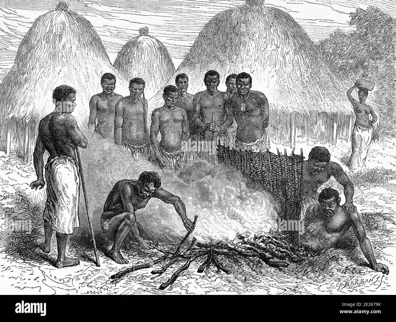 Guérison rituelle des blessures par balle. Les derniers journaux de David Livingstone missionnaire et explorateur écossais, 1866-1873. Ancienne gravure El Mundo en la Mano 1878 Banque D'Images