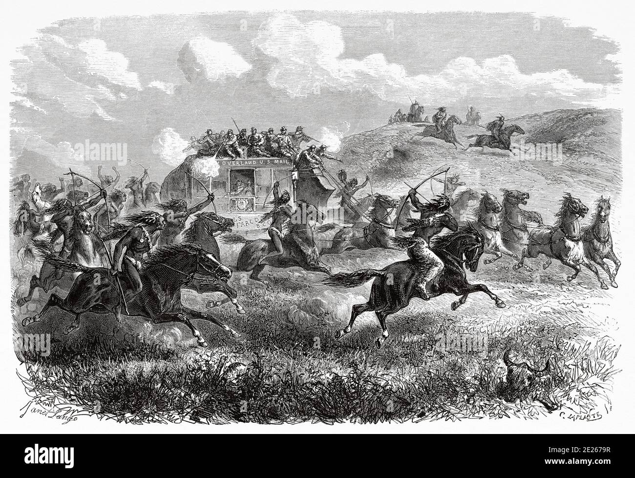 Les Indiens du Colorado attaquant le stagecoach transcontinental dans le désert, juillet 1867, États-Unis d'Amérique. Voyage à l'extrême ouest américain par Simonin 1867. Ancienne gravure El Mundo en la Mano 1878 Banque D'Images