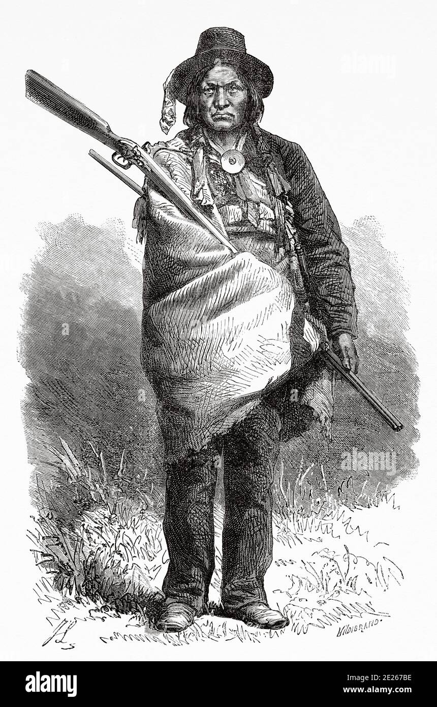 Portrait du loup tacheté, chef de tribu Cheyenne, États-Unis d'Amérique. Voyage à l'extrême ouest américain par Simonin 1867. Ancienne gravure El Mundo en la Mano 1878 Banque D'Images