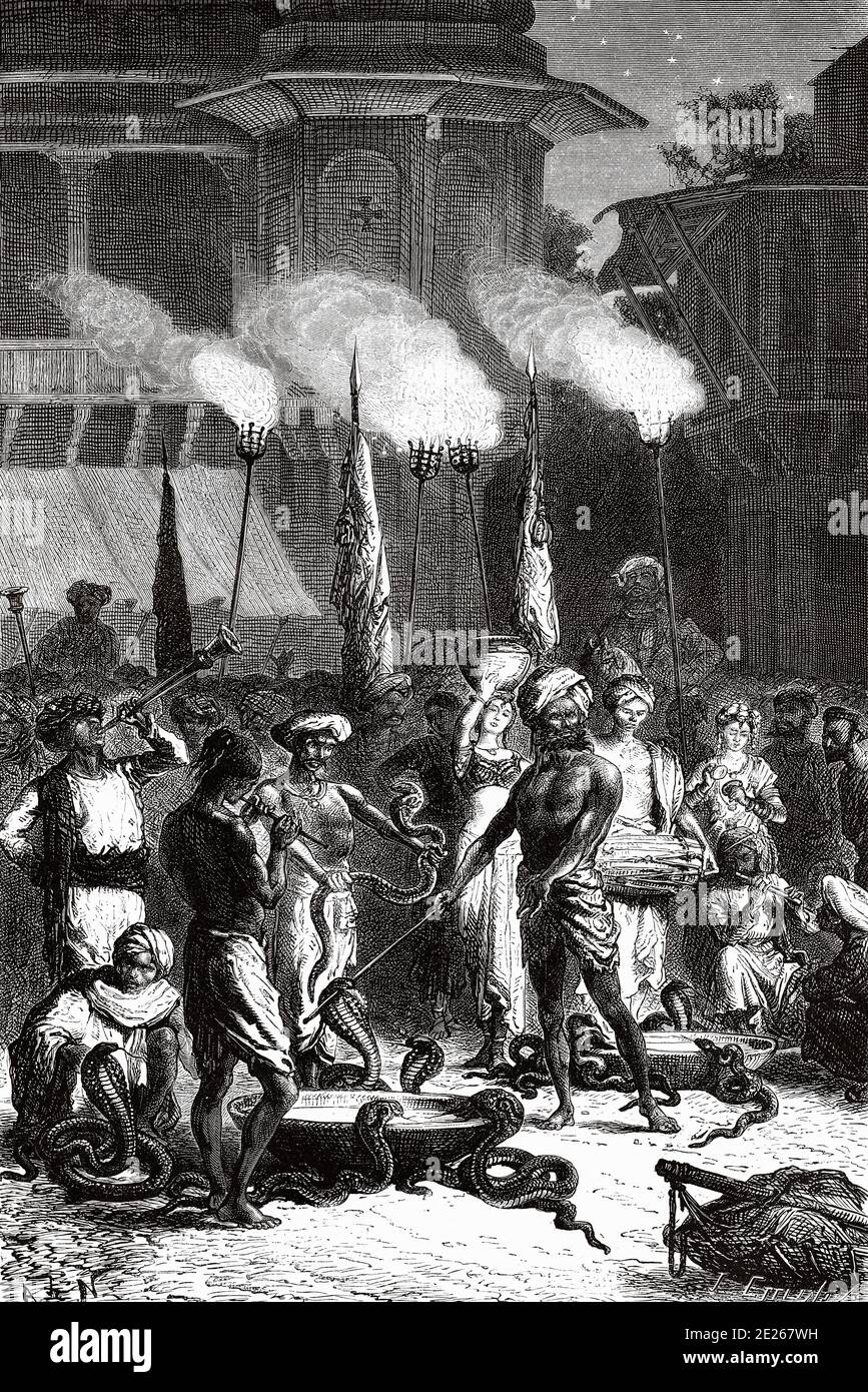 Le festival Hindu Nag Pancari, le culte de Cobras. Mumbai, Maharashtra, Inde. Ancienne illustration de gravure d'El Mundo en la Mano 1878 Banque D'Images