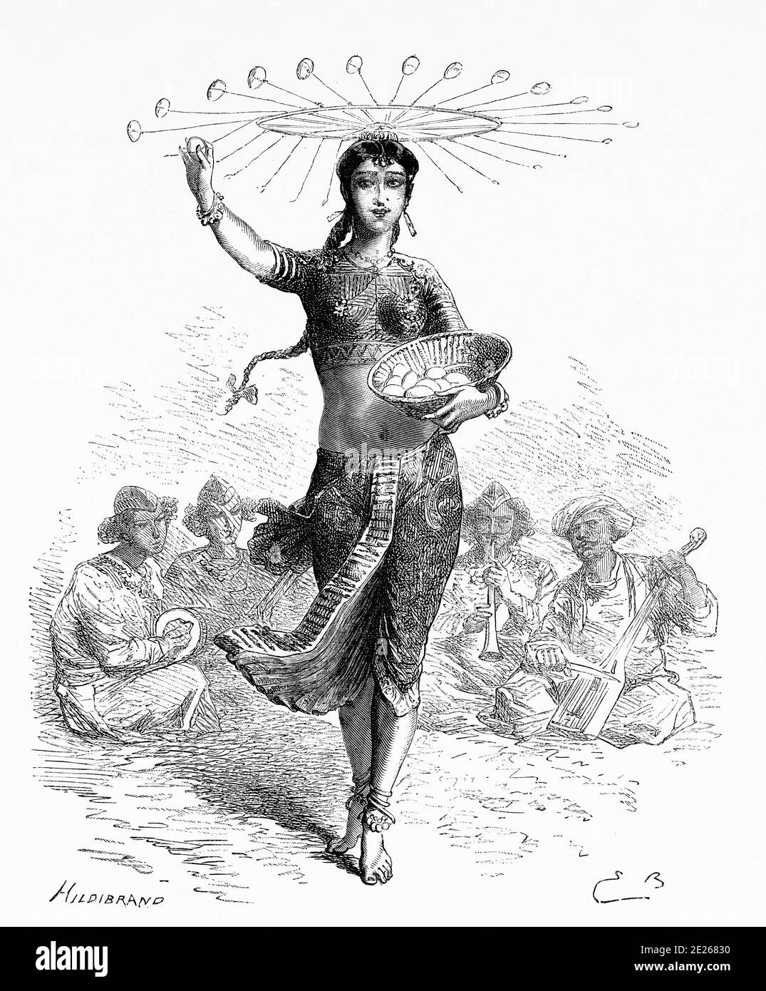 Portrait de danseuse. La danse des œufs, Inde. Ancienne illustration de gravure d'El Mundo en la Mano 1878 Banque D'Images