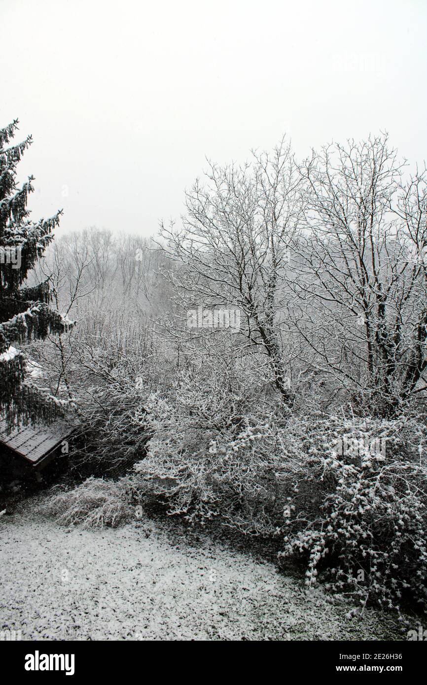 Première douce neige d'hiver 2021. Autour de Zagreb, Croatie, Europe Banque D'Images