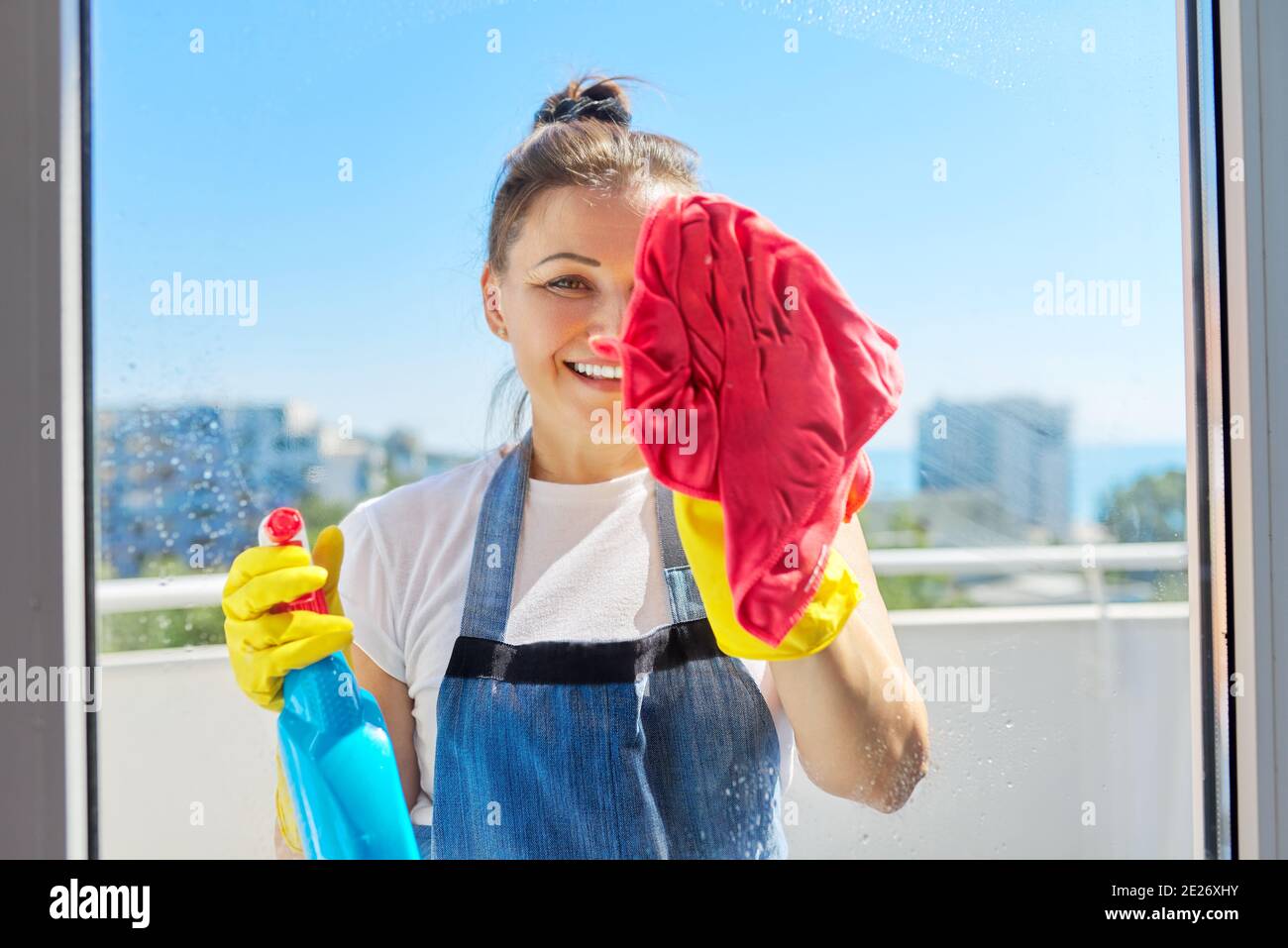 Nettoyage de la maison, femme mature en gants de caoutchouc portant un tablier qui lave les fenêtres Banque D'Images