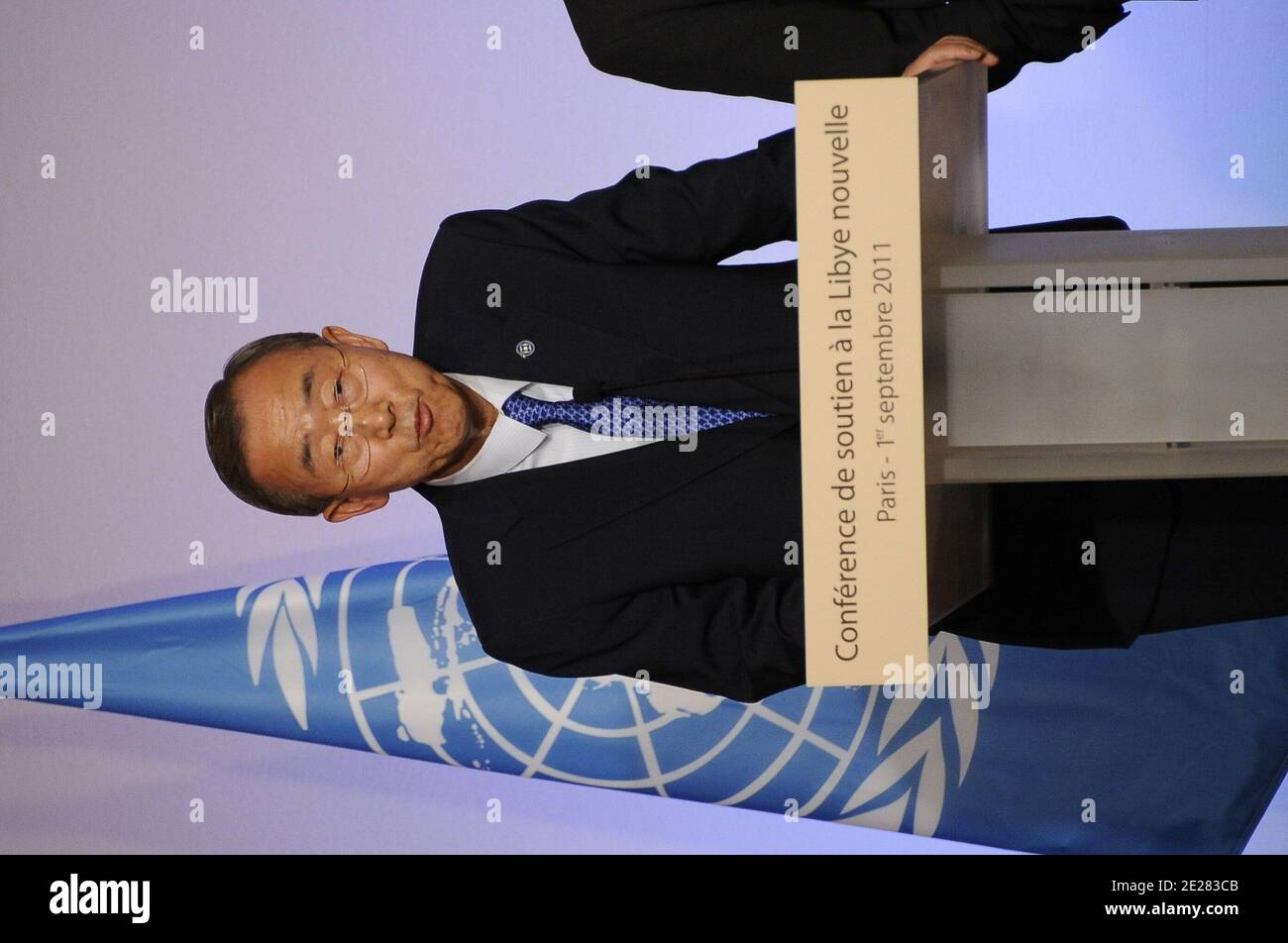 Le Secrétaire général de l'ONU, Ban Ki-moon, est photographié lors de la conférence de presse à l'Elysée Palace, à Paris, le 1er septembre 2011, à la fin de la conférence de Paris sur l'avenir de la Libye après Mouammar Kadhafi. Photo de Gilles Rolle/Pool/ABACAPRESS.COM Banque D'Images