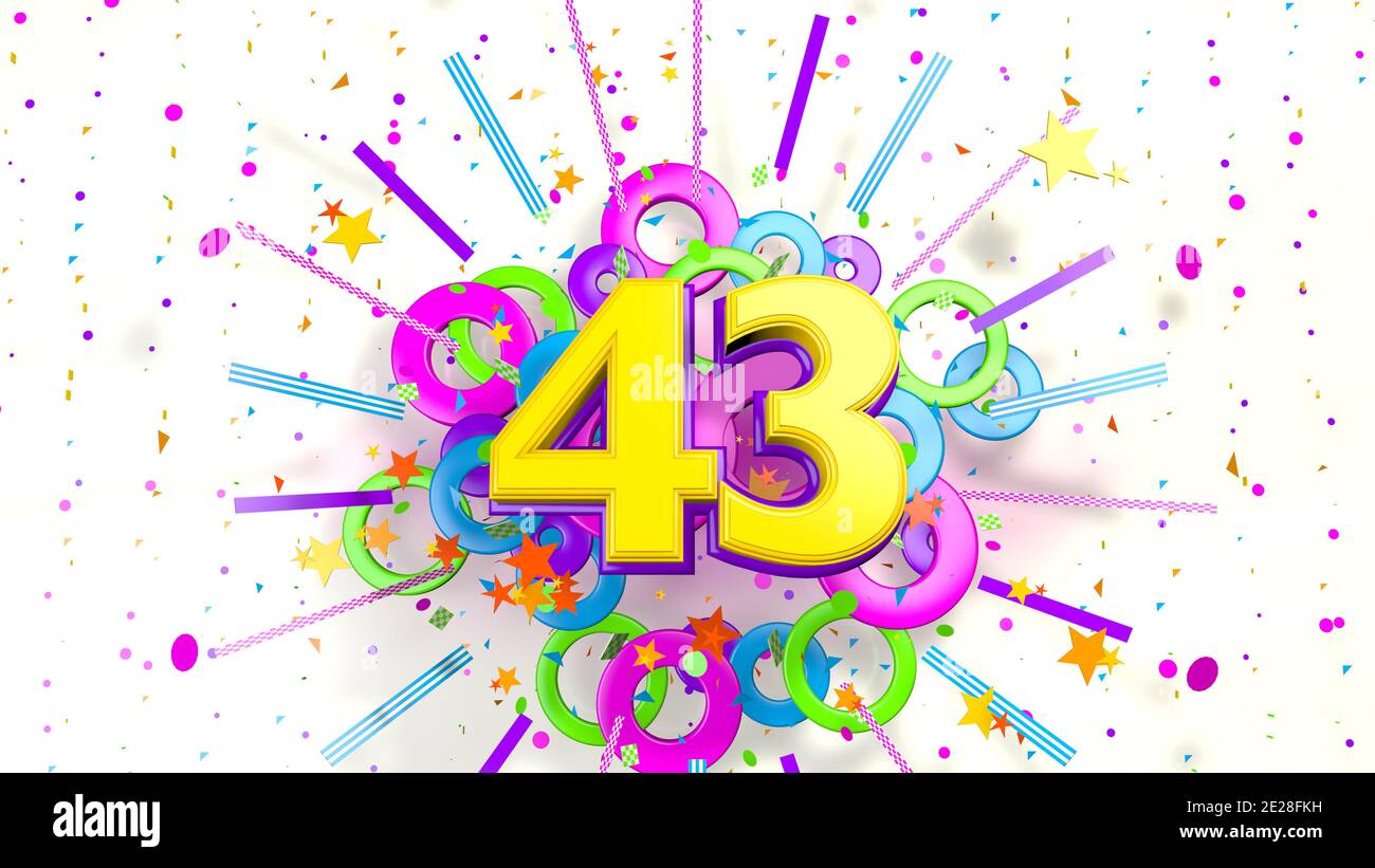 Numéro 43 pour la promotion, anniversaire ou anniversaire sur une explosion de confettis, étoiles, lignes et cercles de violet, bleu, jaune, rouge et vert couleurs o Banque D'Images