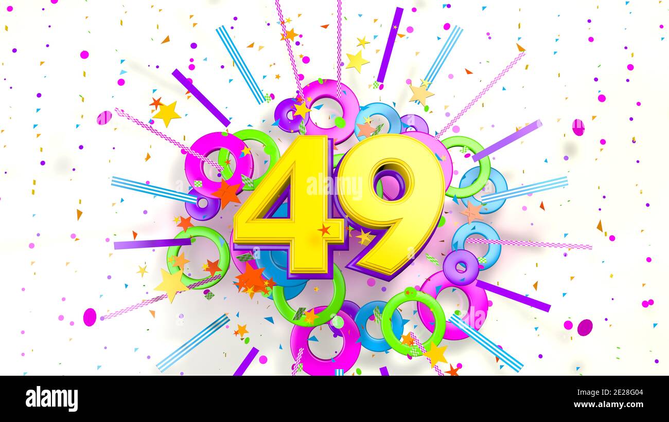 Numéro 49 pour la promotion, anniversaire ou anniversaire sur une explosion de confettis, étoiles, lignes et cercles de violet, bleu, jaune, rouge et vert couleurs o Banque D'Images