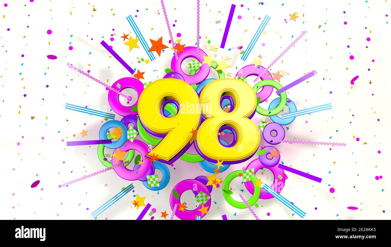 Numéro 98 pour la promotion, anniversaire ou anniversaire sur une explosion de confettis, étoiles, lignes et cercles de violet, bleu, jaune, rouge et vert couleurs o Banque D'Images