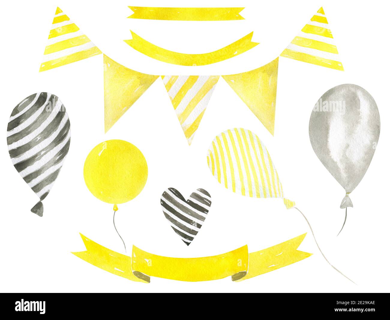 Ensemble festif de drapeaux, ballons et rubans sur fond blanc. Aquarelle peinte à la main pour la fête d'anniversaire Banque D'Images