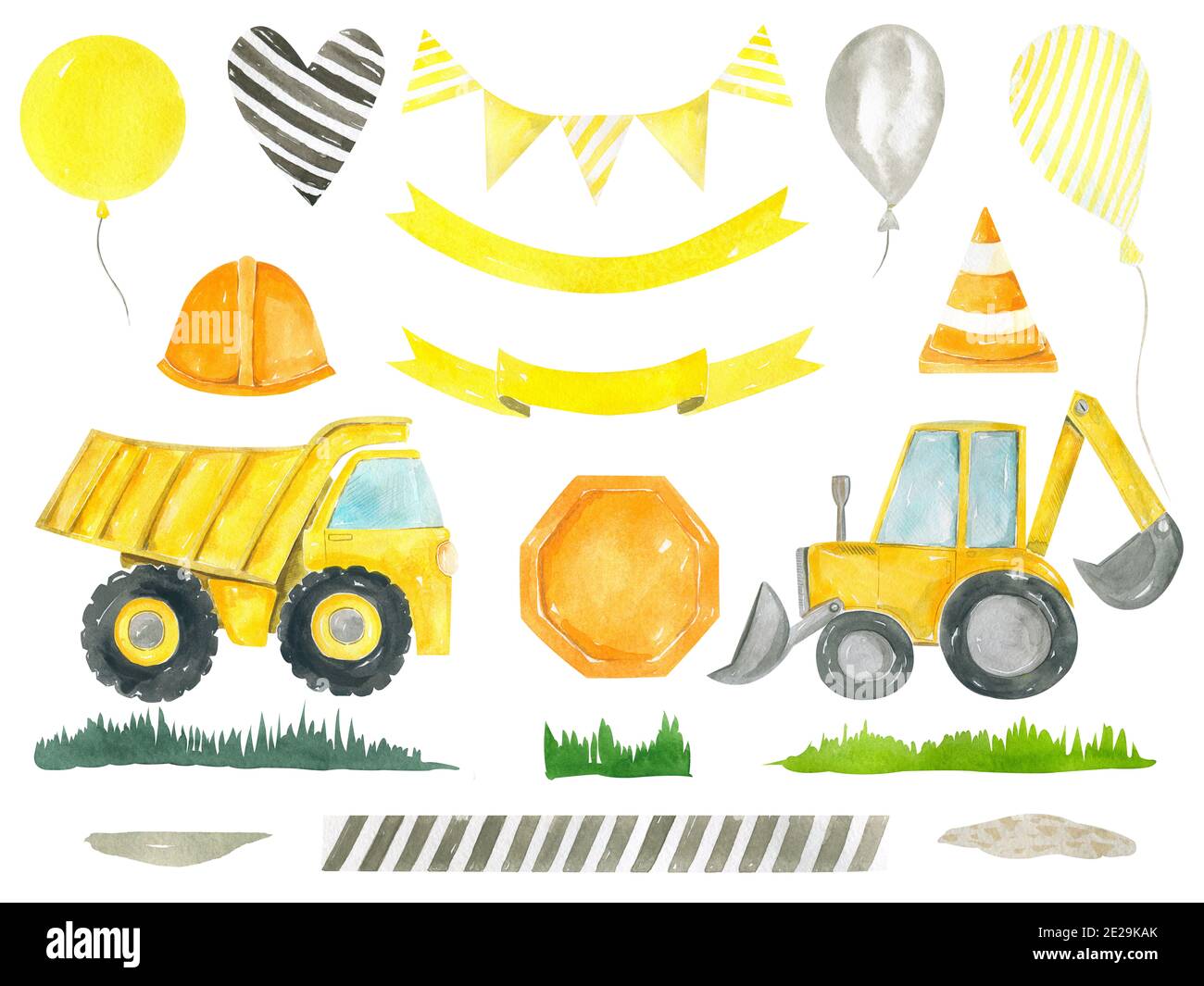 Collection de camions de construction pour enfants pour la décoration de fête d'anniversaire. Motif aquarelle peint à la main pour enfants Banque D'Images