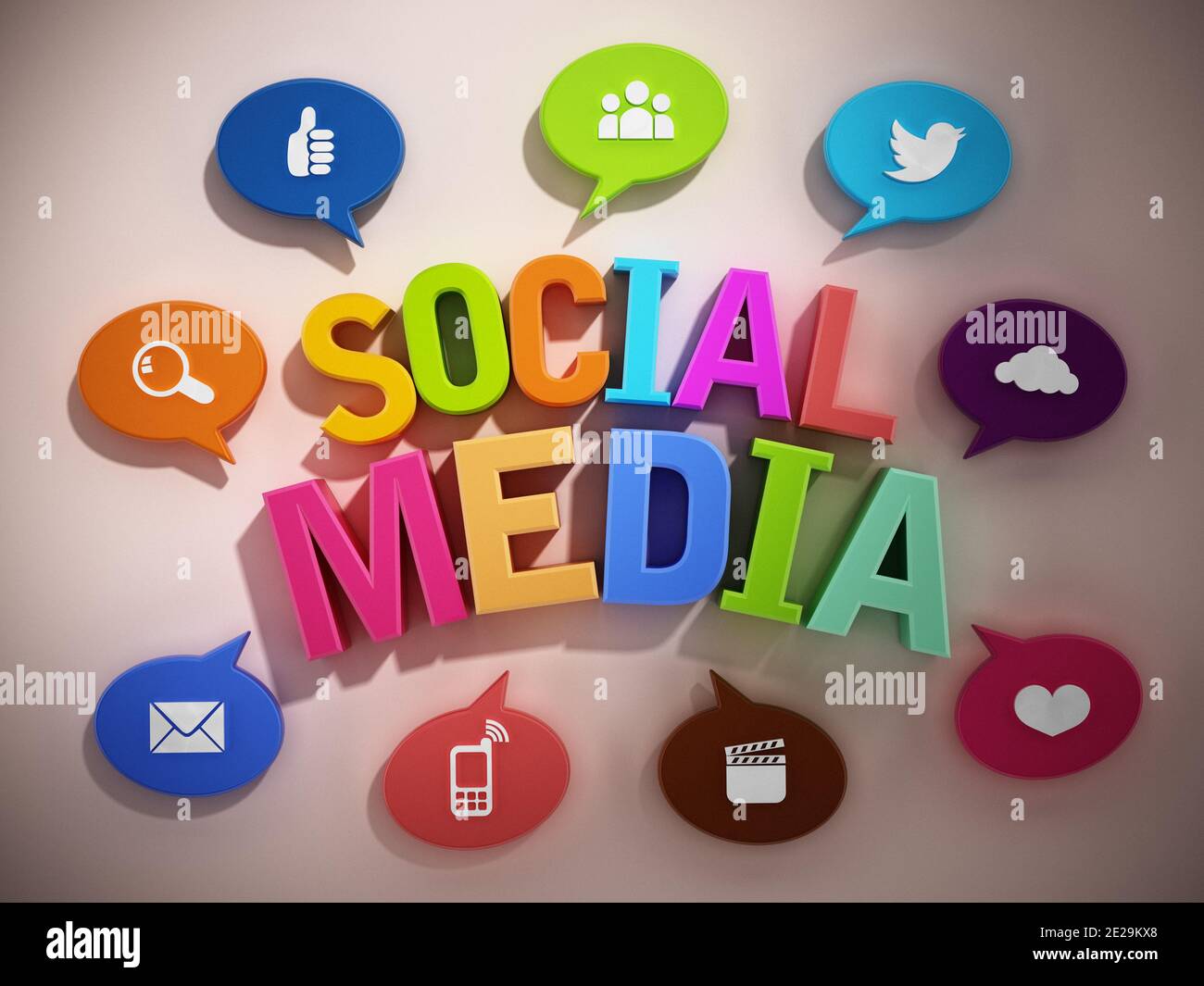 Ballons de discours avec icônes de technologie autour du texte des médias sociaux. Illustration 3D. Banque D'Images