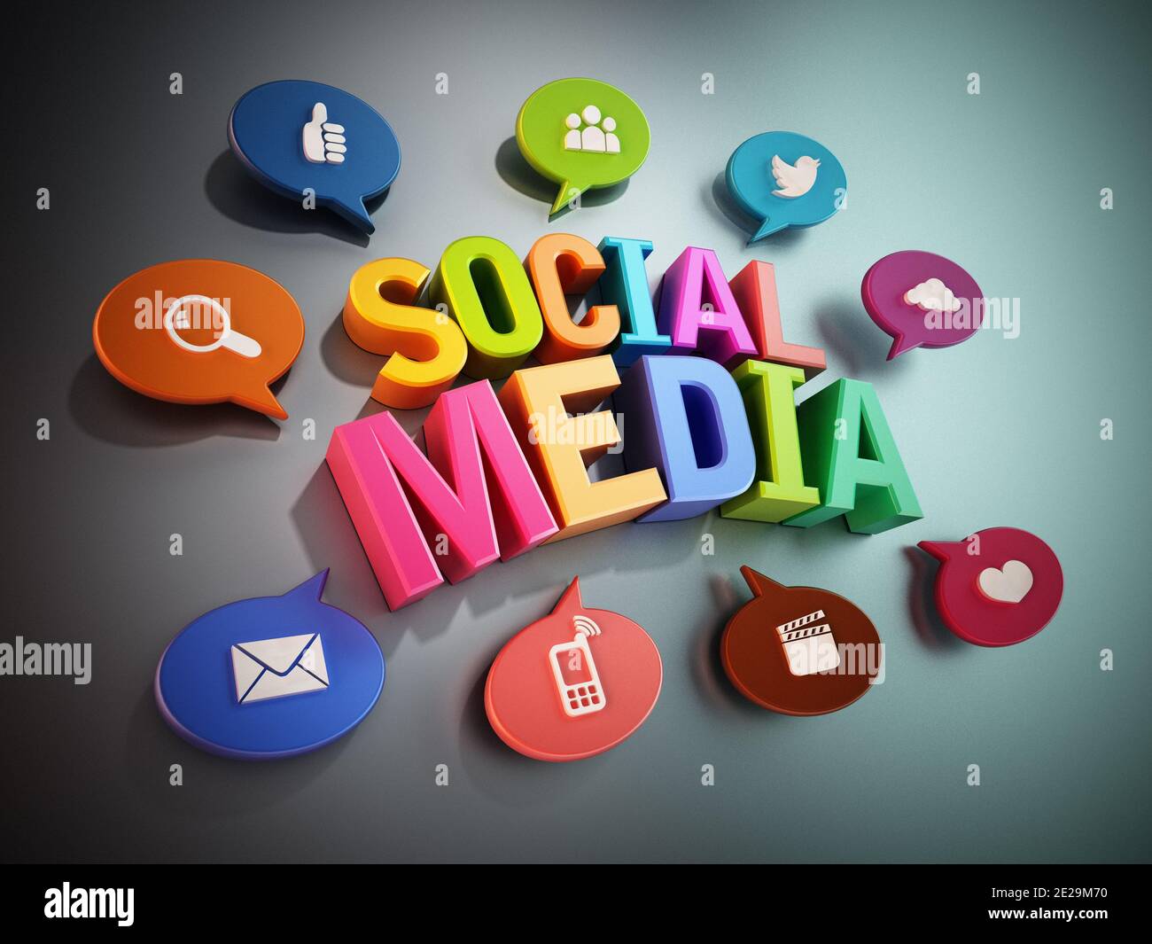 Ballons de discours avec icônes de technologie autour du texte des médias sociaux. Illustration 3D. Banque D'Images