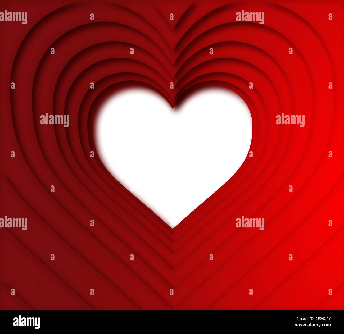Découpes de coeurs sur une base rouge placées de manière concentrique avec un fond blanc. Composition carrée. Banque D'Images