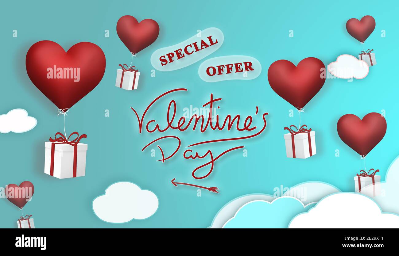 Carte promotionnelle pour la Saint-Valentin avec illustration de cadeaux suspendus sur les ballons rouges en forme de coeur volant à travers un ciel bleu avec nuages Banque D'Images