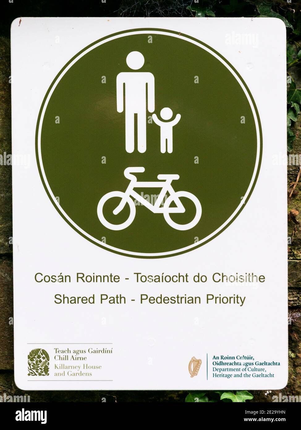 Chemin partagé avec priorité piétonne signe bilingue en gaélique irlandais et anglais dans le parc national de Killarney, comté de Kerry, Irlande, Europe Banque D'Images