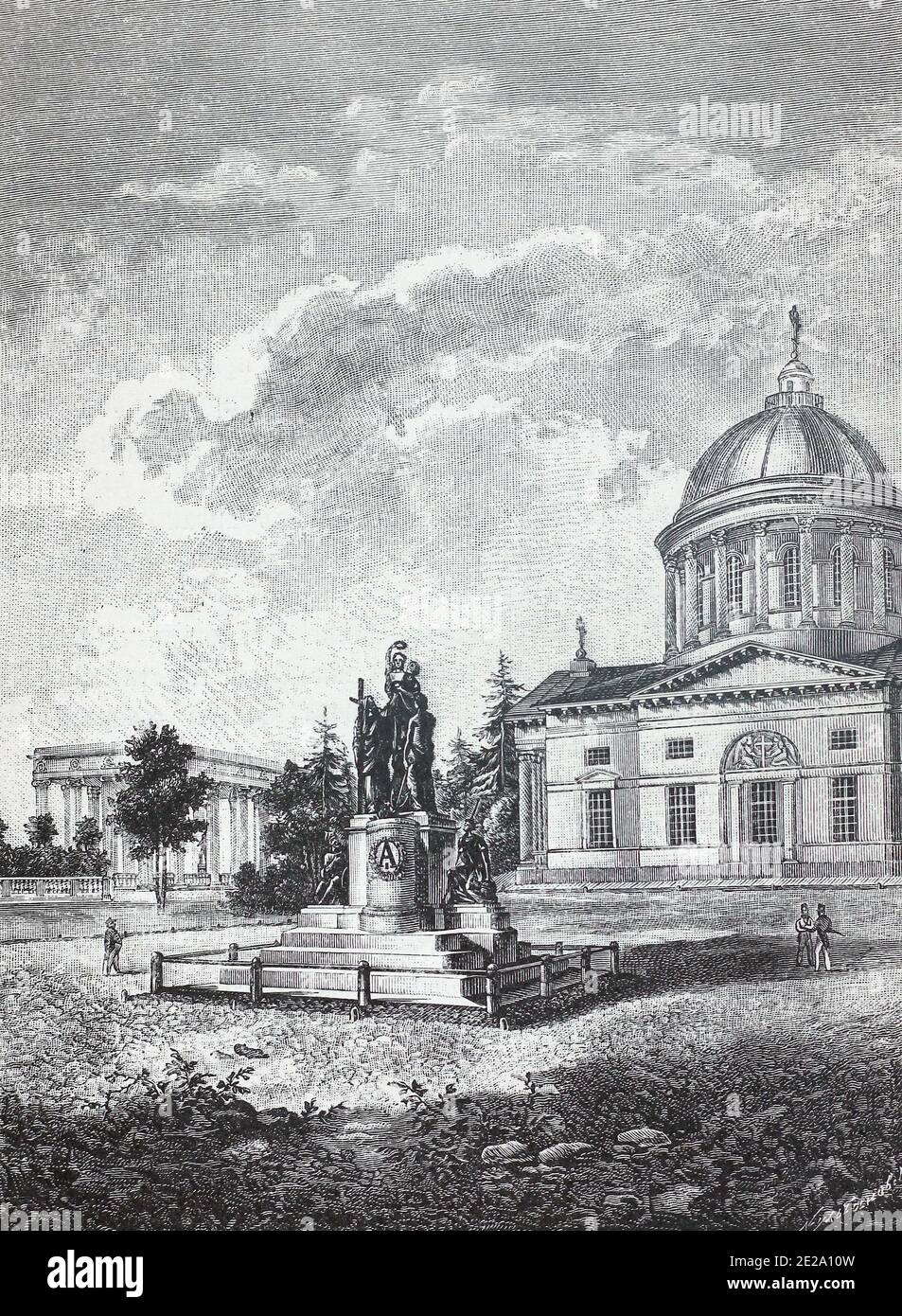 Monument à l'empereur russe Alexandre Ier dans la ville de Gruzino dans la région de Novgorod. La gravure du XIXe siècle. Banque D'Images