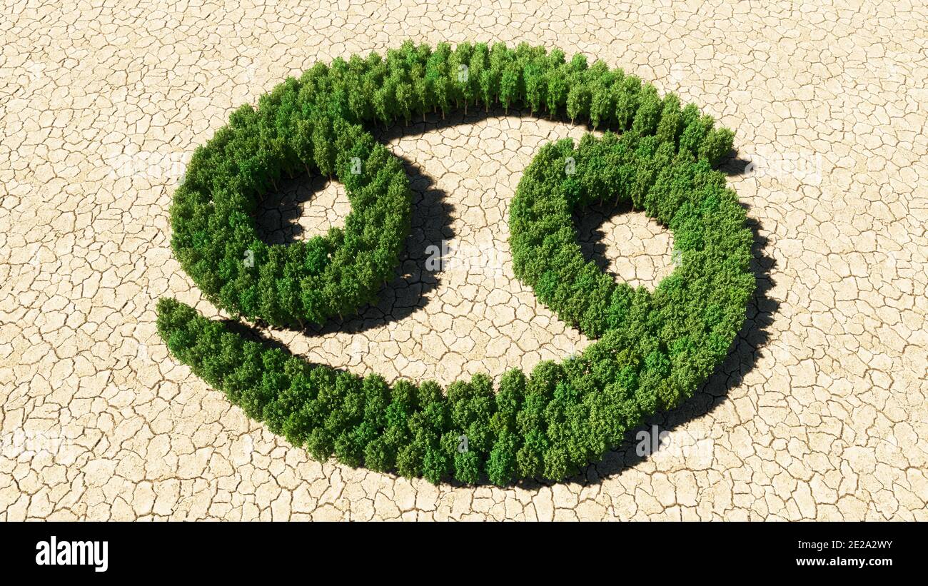 Concept ou groupe conceptuel d'arbre forestier vert sur fond de sol sec comme signe de cancer du zodiaque. Banque D'Images