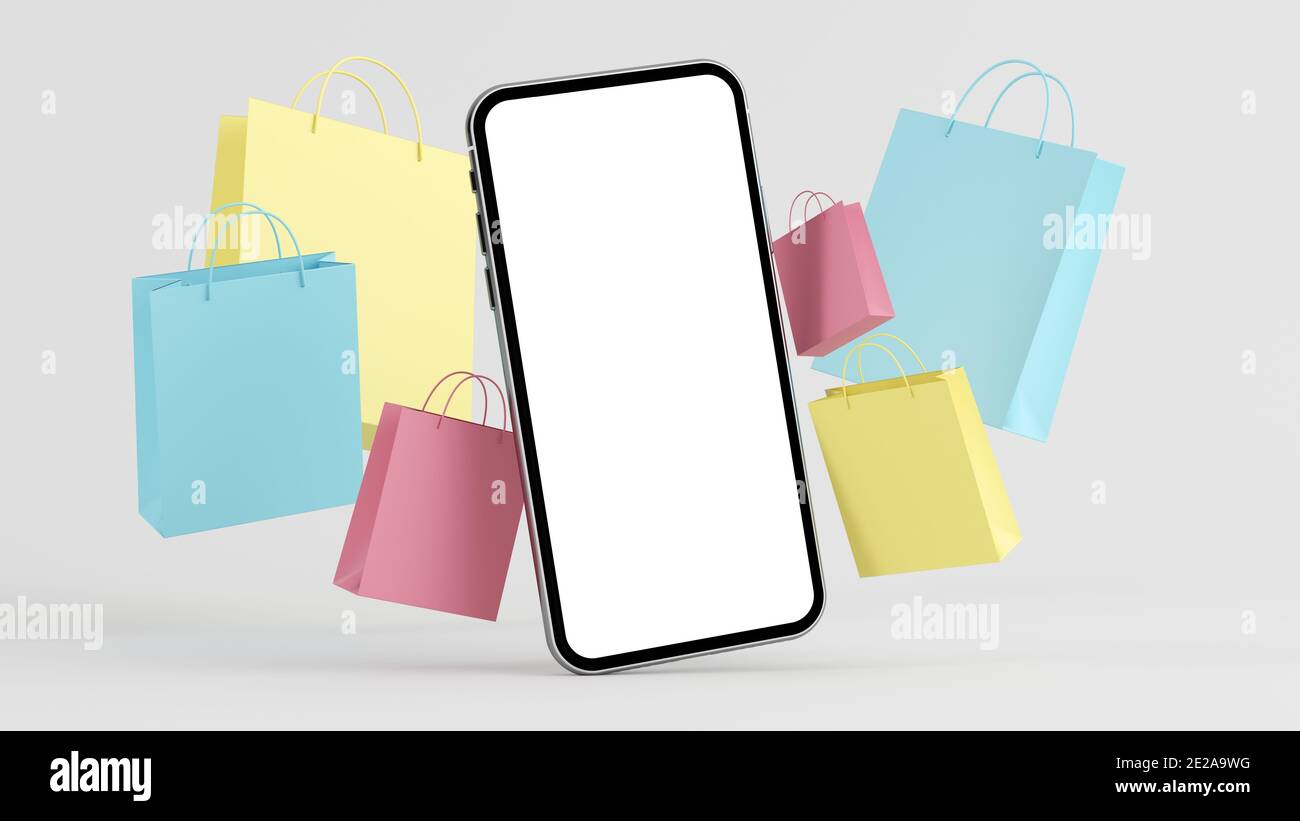 concept d'e-commerce : les sacs mobiles et de shopping simulent le rendu 3d Banque D'Images