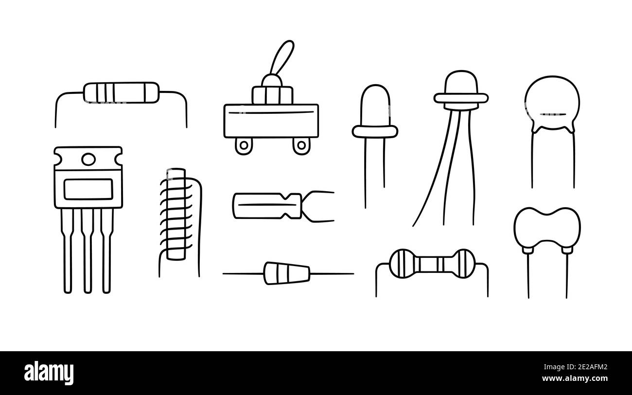 Composants électriques. Jeu de diodes, condensateur à transistor, résistance, inducteur Illustration de Vecteur