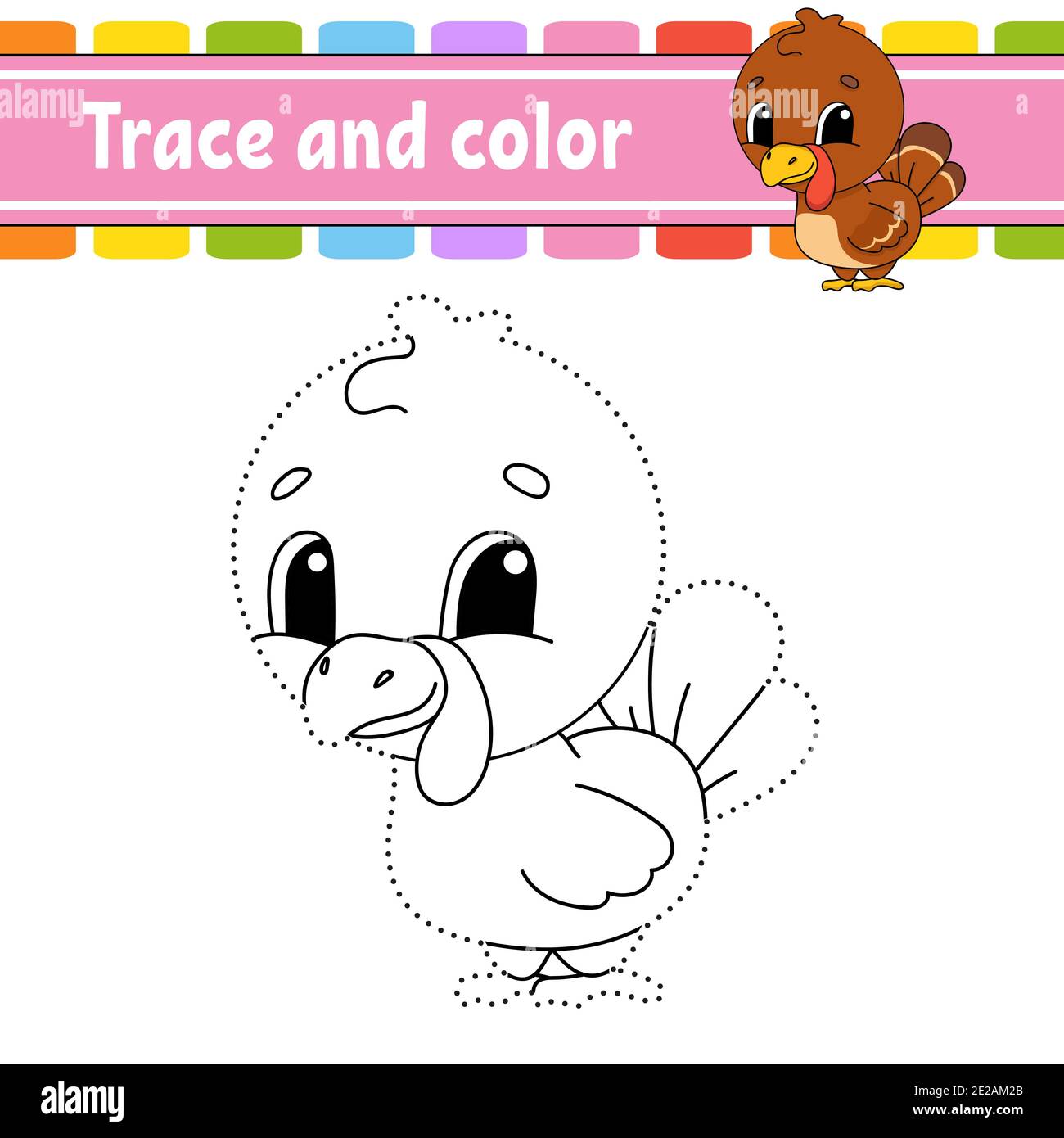 Tracé et couleur. Oiseau de dinde. Page de coloriage pour enfants. Pratique de l'écriture manuscrite. Feuille de travail de développement de l'éducation. Page activité. Jeu pour les tout-petits. Isolé Illustration de Vecteur