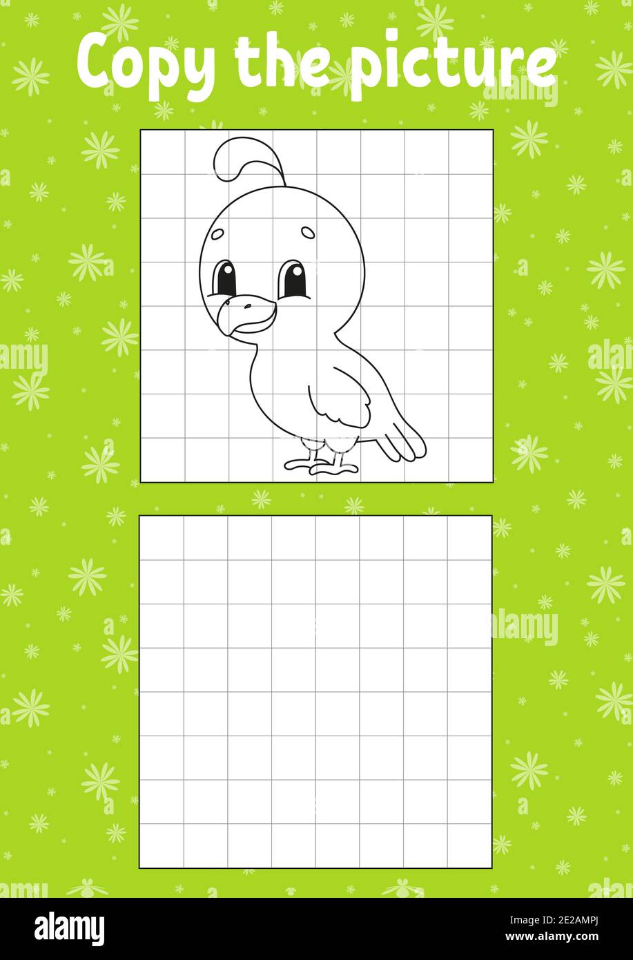 Copiez la photo. Pages de livre de coloriage pour les enfants. Feuille de travail de développement de l'éducation. Caille oiseau. Jeu pour enfants. Pratique de l'écriture manuscrite. Caractère drôle. Illustration de Vecteur