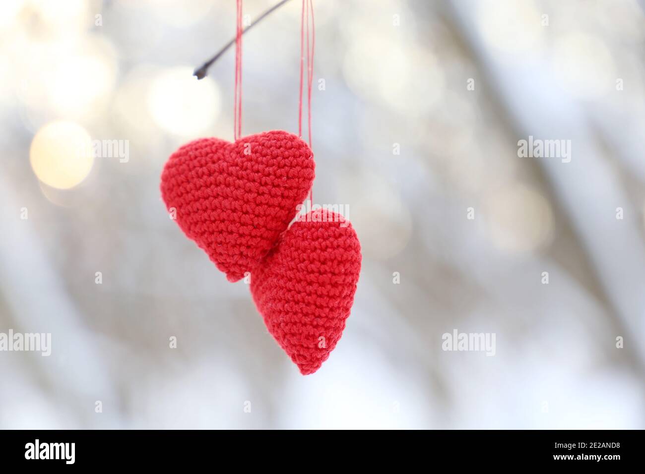 Coeurs de Saint-Valentin suspendus sur une branche d'arbre dans la forêt d'hiver. Deux coeurs tricotés rouges au soleil, symbole de l'amour romantique, fond pour les vacances Banque D'Images