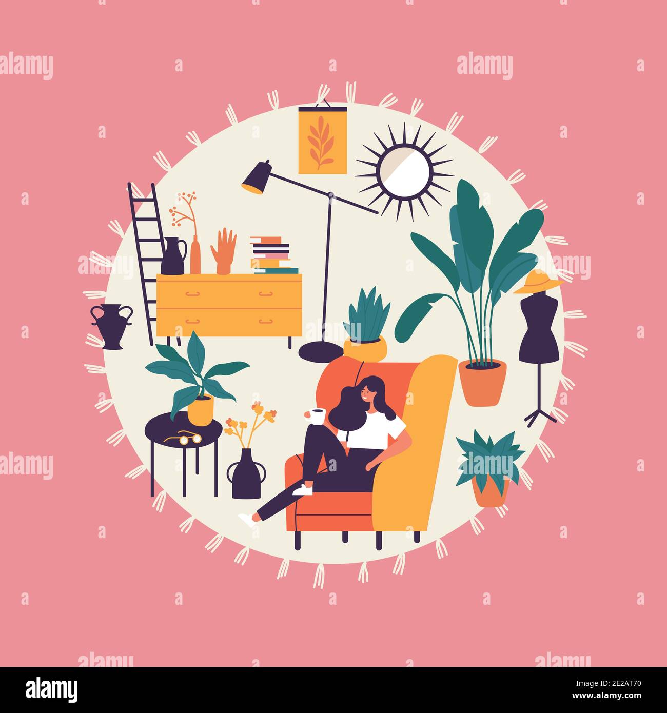 Illustration vectorielle fille assise et reposant sur le fauteuil avec une tasse de café. Intérieur confortable avec plantes. Illustration de Vecteur