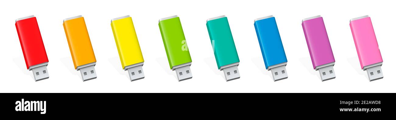 Jeu de clés USB, clés à stylet colorées. Clés USB rouge, orange, jaune, vert, cyan, bleu, rose et violet - illustration sur fond blanc. Banque D'Images