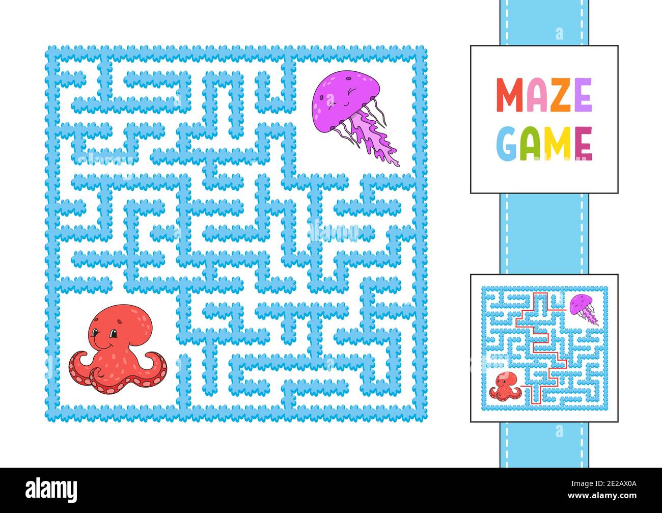 Labyrinthe carré drôle. Jeu pour enfants. Poulpe et méduses. Puzzle pour les enfants. Labyrinthe de conundrum avec caractère. Illustration à vecteur de couleur. Trouver le Illustration de Vecteur
