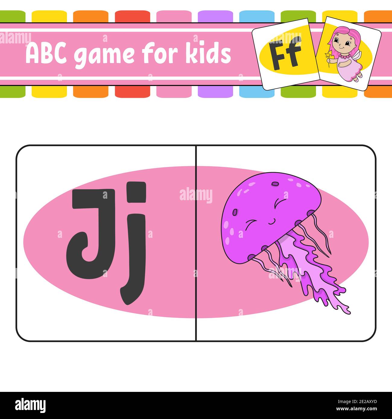 Cartes flash ABC. Méduses marines. Alphabet pour enfants. Lettres d'apprentissage. Feuille de travail sur la formation. Page d'activité pour l'étude en anglais. Jeu de couleurs pour les enfants. Illustration de Vecteur