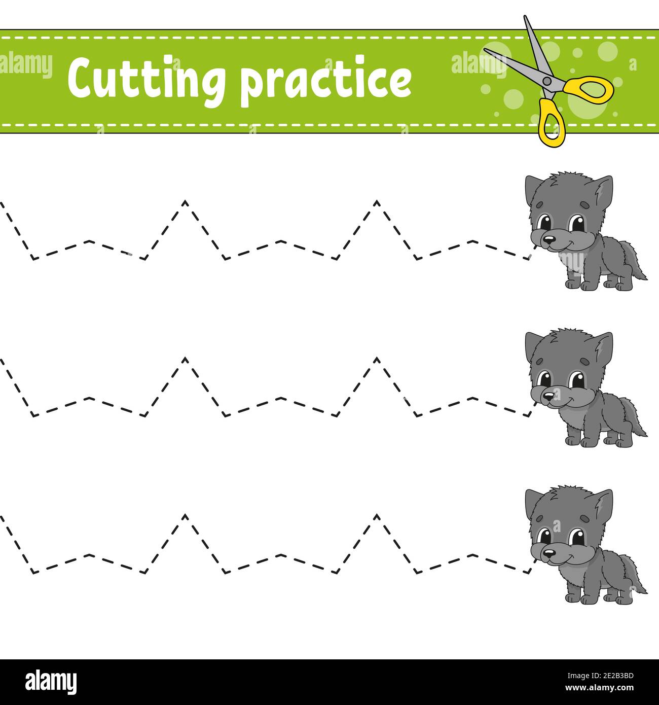Pratique de coupe pour les enfants. Loup animal. Feuille de travail de développement de l'éducation. Page activité. Jeu de couleurs pour les enfants. Illustration vectorielle isolée. Dessin animé Illustration de Vecteur