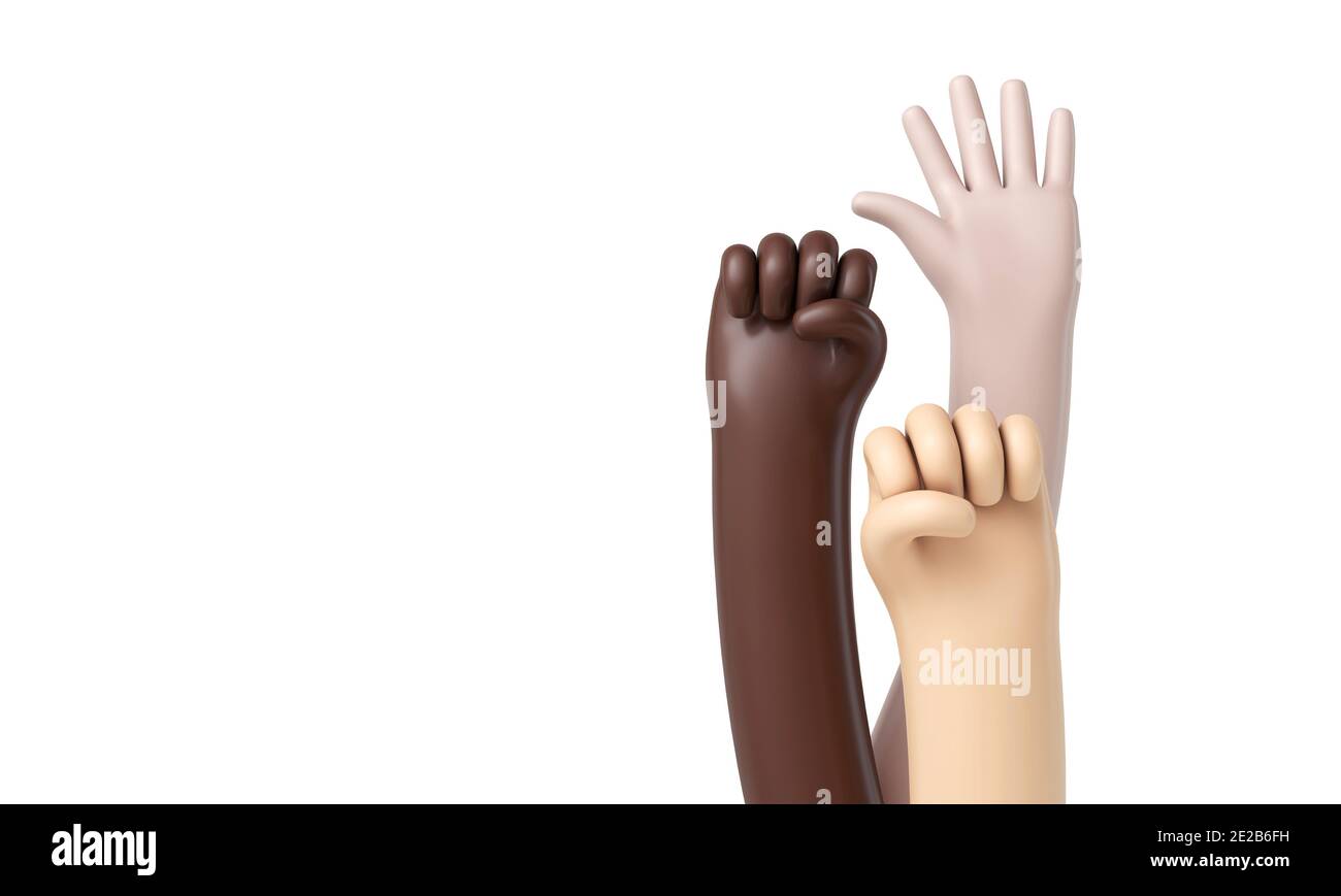 Mains multiethniques relevées dans les airs. Concept de protestation politique. Rendu 3D Banque D'Images