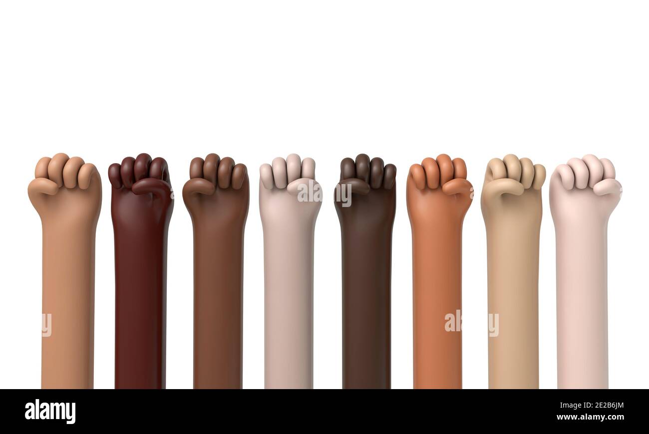 Mains multiethniques relevées dans les airs. Concept de protestation politique. Rendu 3D Banque D'Images